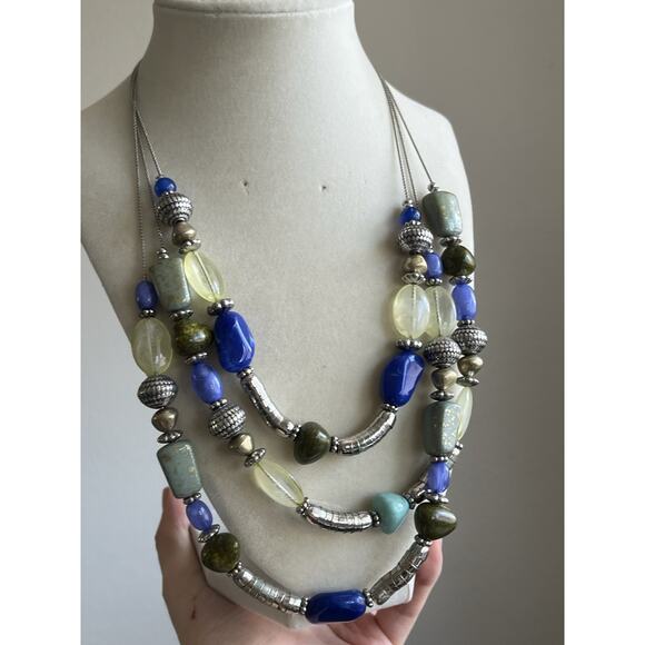 Chico’s Multi Beaded Necklace Turquoise Green Blue Silver Tone - Picture 1 of 5